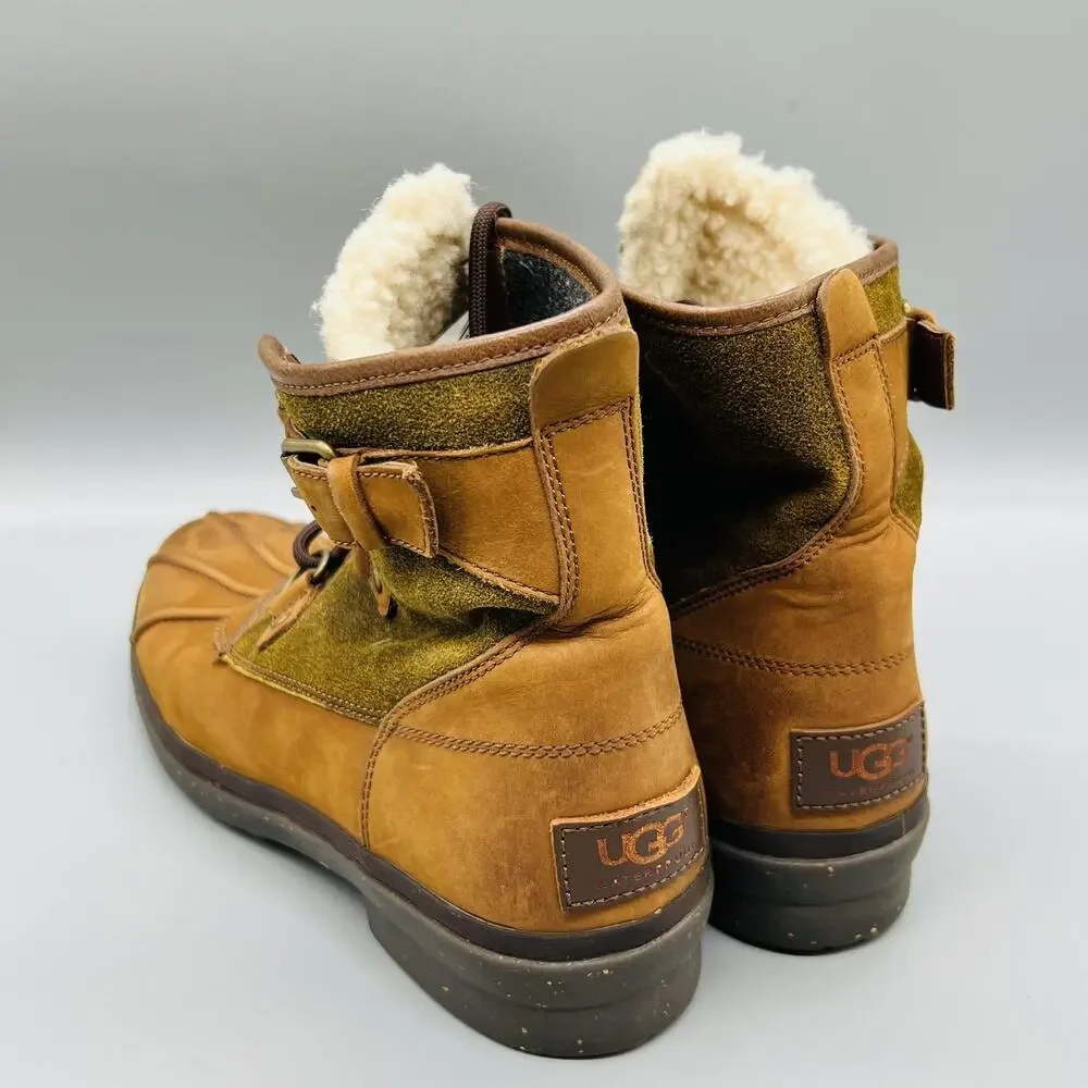 UGG Boots Womens 10 Brown Leather Waterproof Shearling Ankle Lace Up Winter